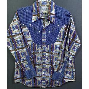 Vintage Rockmount Shirt Mens 17-35 Blue Pearl Snap Western Cowboy Ranch USA Made